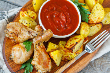Baked potatoes with chicken and sauce on a wooden board.