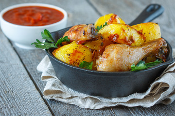 Baked potatoes with chicken in a cast-iron frying pan.