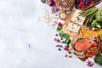 Selection assortment of healthy balanced food for heart, diet