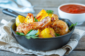 Baked potatoes with chicken in a cast-iron frying pan.