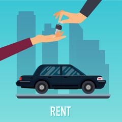 Car seller hand giving key to buyer. Selling, leasing or renting car service. Flat design modern vector illustration concept.
