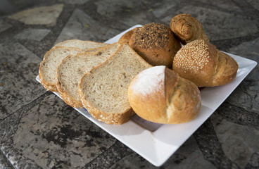 Delicious croissant and breads focus at the back breads