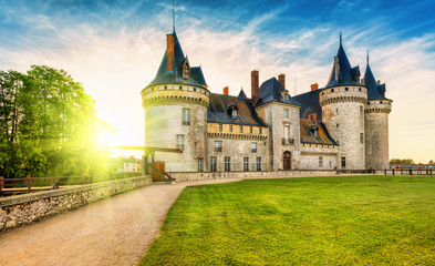 Fototapeta na wymiar The chateau of Sully-sur-Loire at sunset, France. Castle is located in the Loire Valley. Sully-sur-Loire, France.