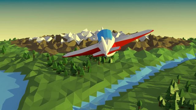 Low poly landscape with airplane.