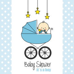baby shower card. Baby boy inside the carriage.