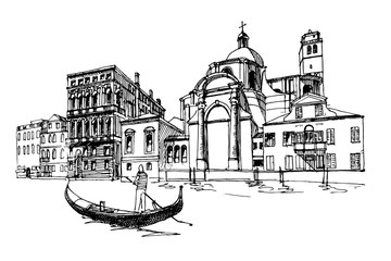 Vector sketch of Grand canal and San Geremia Church (Chiesa di San Geremia) in Venice, Italy. © phant