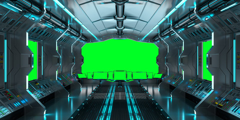 Obraz premium Spaceship interior with view on green windows 3D rendering