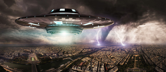 UFO invasionover planet earth city 3D rendering © sdecoret