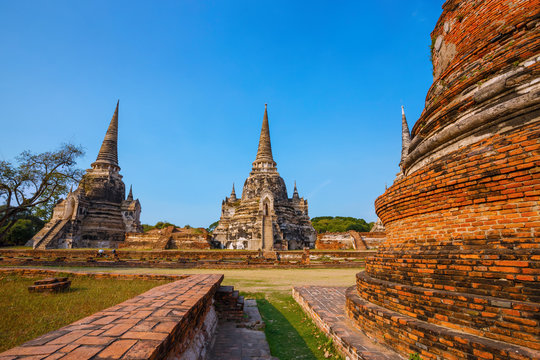 Ayutthaya, Thailand - December 20 2016: Wat Phra Si Sanphet temple in Ayutthaya Historical Park, a UNESCO world heritage site.