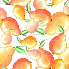 Seamless watercolor pattern with a picture of a pear fruit. On a  black background