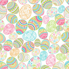 Seamless background Happy Easter pattern with eggs hand drawn blue, green, red, orange with ornaments of flowers, leaves and Mandala elements. Vector illustration.