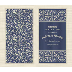 Wedding invitation cards baroque style blue and beige. Vintage Pattern. Retro Victorian ornament. Frame with flowers elements. Vector illustration.