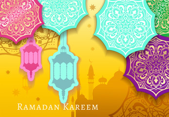 Ramadan Kareem celebrate greeting card or illustration with paper cutting style with bright colored arabic design patterns and lanterns, arabic lamp. Vector illustration. EPS 10