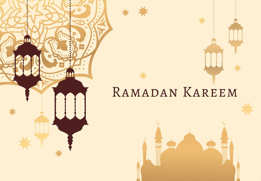 Ramadan Kareem celebrate greeting card or illustration with paper cutting style with arabic design patterns and lanterns, arabic lamp. Vector illustration. EPS 10