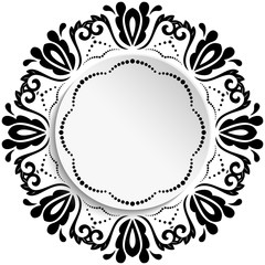 Round vector frame with floral elements and arabesques. Pattern with arabesques. Fine greeting card