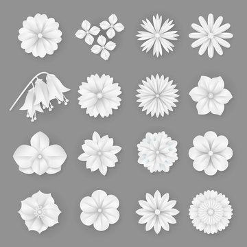 Origami flowers white paper cut out objects set Vector Image