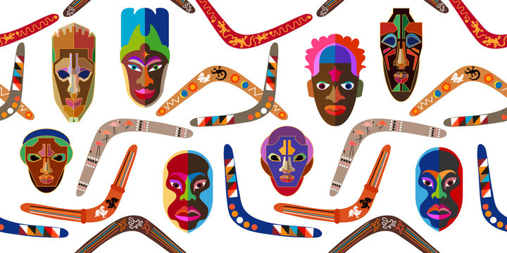 Seamless vector border with Australian boomerangs and African masks.