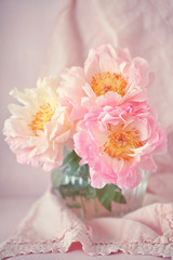 Lovely bunch of flowers .Close-up floral composition with a pink peonies on a table. 