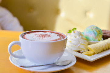 Delicious ice rainbow, brownie, cake, vanilla cream and banana in holiday,select focus