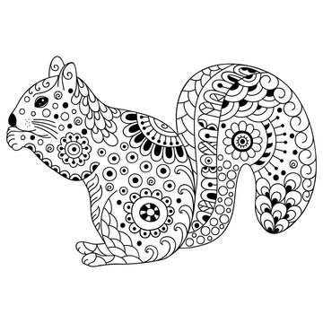 Doodle stylized squirrel. Sketch for coloring book, poster, print, or tattoo. Hand Drawn vector illustration doodle animal. Adult antistress coloring page.