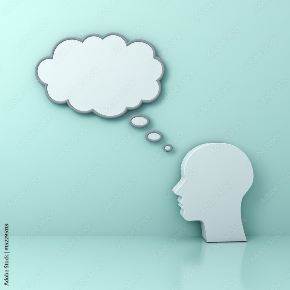 Aufkleber human head with blank thought bubble thinking concept on green background with reflection . 3d rende