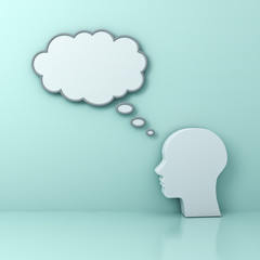 Human head with blank thought bubble Thinking concept on green background with reflection . 3D rendering.