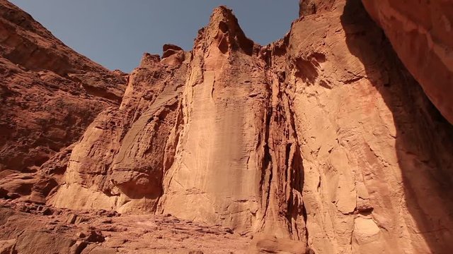 Panorama of the Timna Valley. Solomon's Pillars. Rocks in the red desert of Israel.	