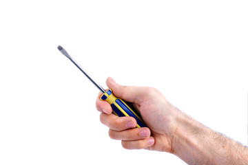 flat screwdriver in hand isolated on white background.