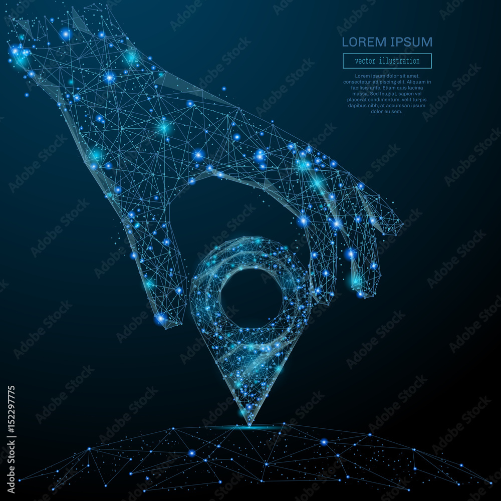 Poster polygonal hand holding pin. business concept. vector mesh spheres from flying debris. thin line conc