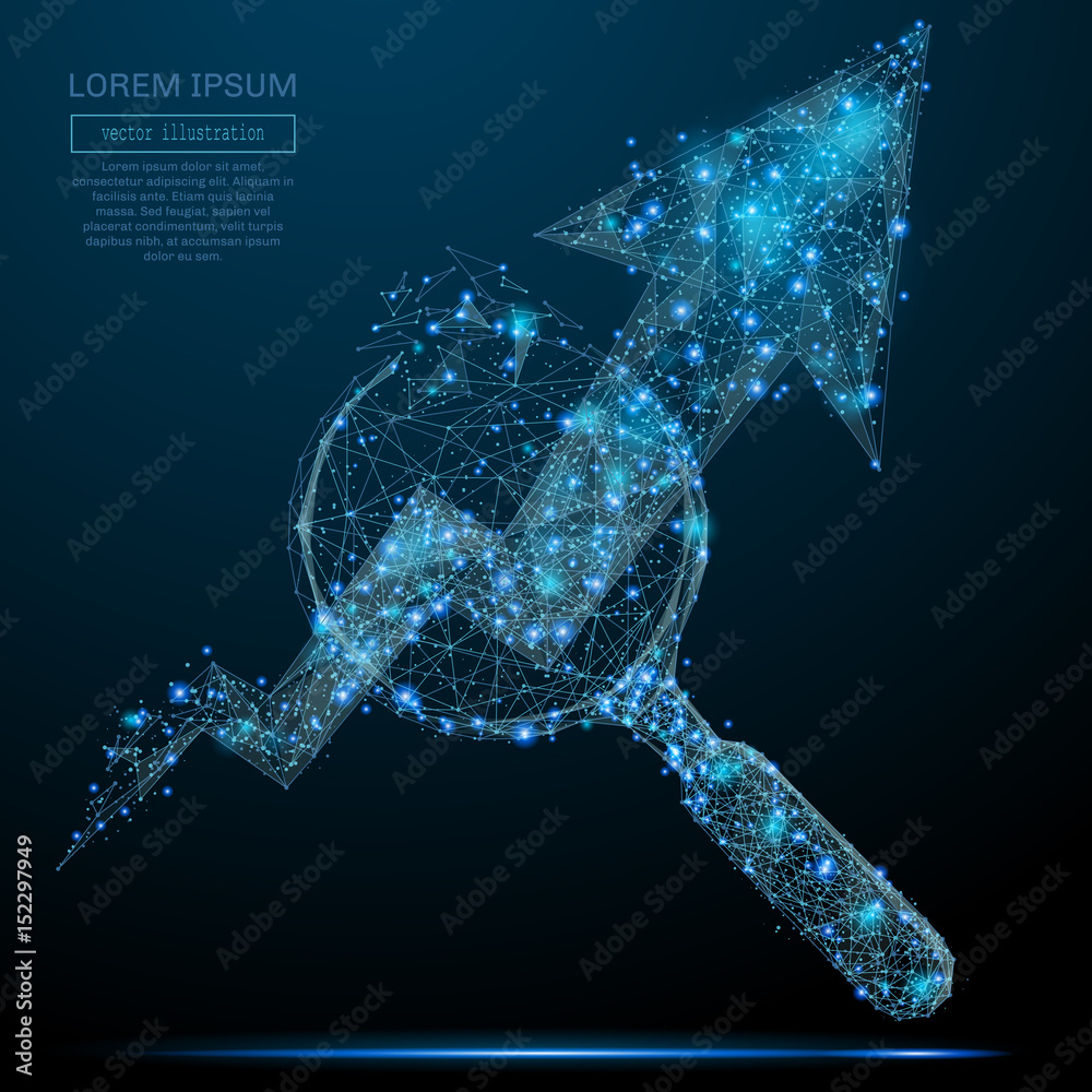 Poster polygonal magnifying glass and chart. business concept. vector mesh spheres from flying debris. thin