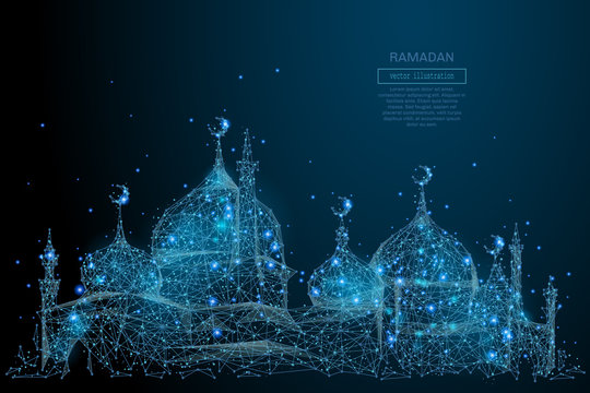 Abstract image of arabic mosque in the form of a starry sky or space, consisting of points, lines, and shapes in the form of planets, stars and the universe. Vector Ramadan Kareem concept
