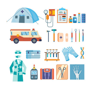 Set of tools for medical research, treatment, work in institution.