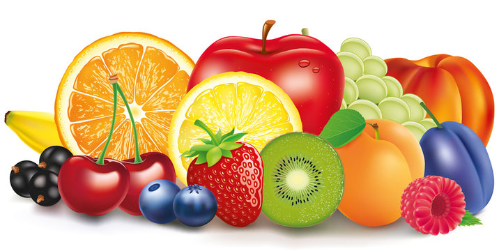Group of fresh fruit - apple, lemon, apricot, berries