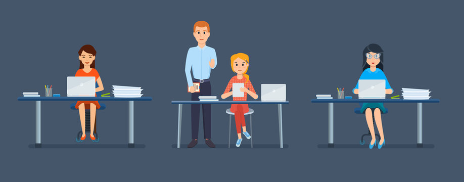 Office staff of girl, behind workplaces, before computers and tablets.