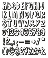 Thick Doodle Handwritten Outline with Shadow Alphabet, Numbers & Signs with Marker Pen