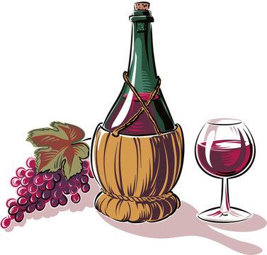 bunch of grapes ripe and a black wine bottle and a glass of red wine.