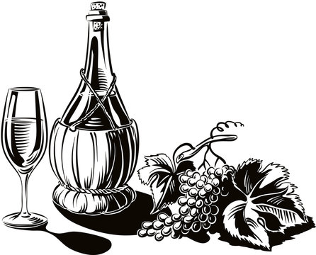 Bunch of grapes a black wine bottle and a glass of black wine.