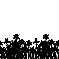 Postcard of black small narcissus flowers silhouette isolated on white. Vector illustration