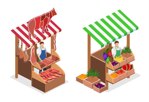 Isometric flat 3D isolated concept vector Butcher shop.