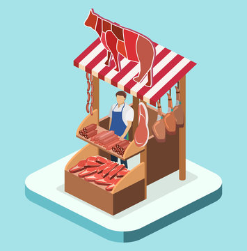 Isometric flat 3D isolated concept vector Butcher shop.