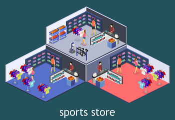 Isometric flat 3D vector interior goods for the sports shop.
