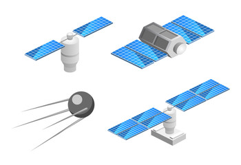 Isometric flat 3D isolated space GPS satellite. Wireless satellite technology.