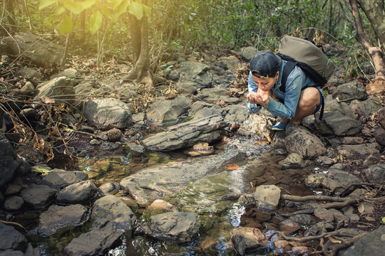 hiking Woman thirsty and taking clear water at small stream by hands for drink