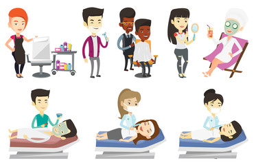 Vector set of people during beauty procedures.