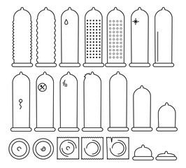 Set of linear condom icons. Methods of contraception. Family planning