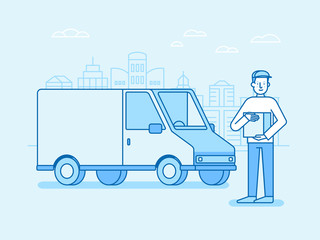 Vector illustration in flat linear style and blue colors - delivery concept