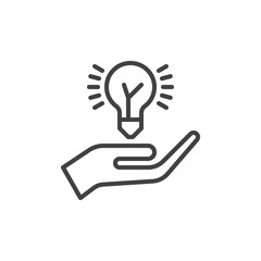 Hand holding idea bulb line icon, outline vector sign, linear style pictogram isolated on white. Idea sharing symbol, logo illustration. Editable stroke. Pixel perfect