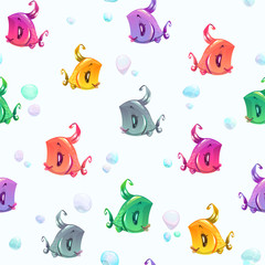 Seamless pattern with cute colorful cartoon fishes