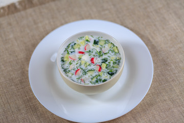 Cold radish soup potatoes chicken a cucumber and greens on kefir