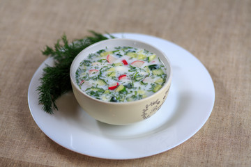 Cold radish soup potatoes chicken a cucumber and greens on kefir